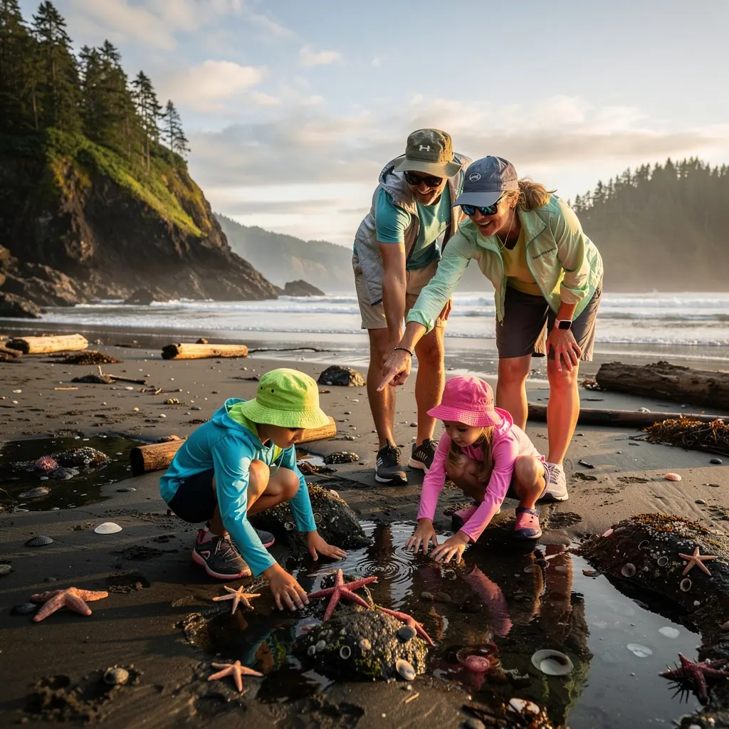 Rodzina zwiedzająca malowniczy park, z dziećmi bawiącymi się na świeżym powietrzu.