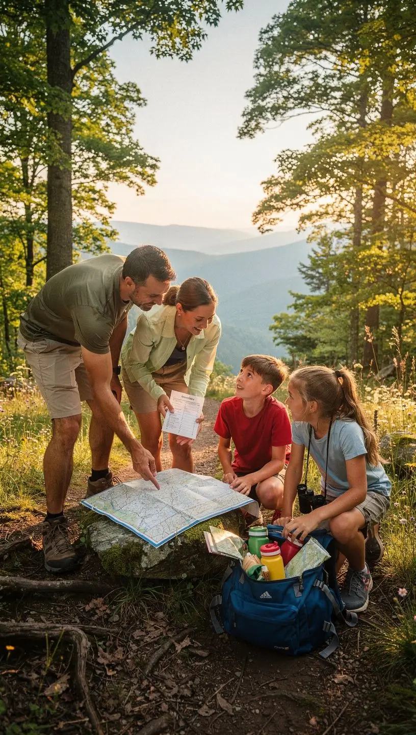 Zbliżenie na plecak z niezbędnymi rzeczami do podróży, leżący na trawie.