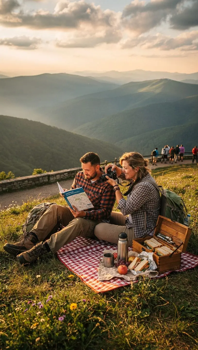 Grupa przyjaciół przygotowująca się do pikniku w otoczeniu zieleni.