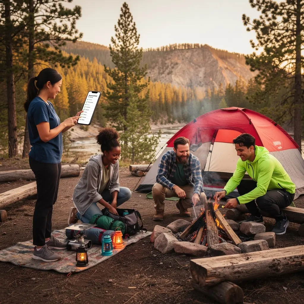 Szczegóły listy kontrolnej pakowania z niezbędnymi akcesoriami do aktywności na świeżym powietrzu.